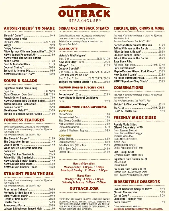 Outback Steakhouse Breakfast menu