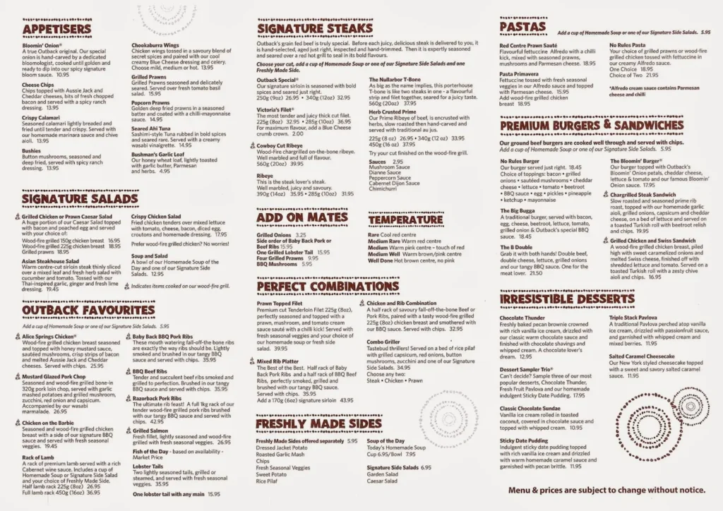 Outback steakhouse Menu with prices