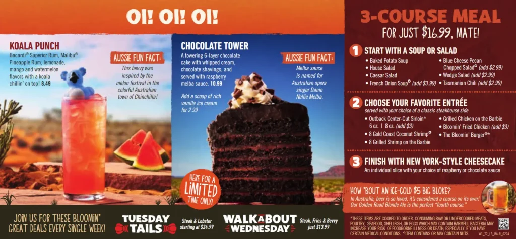 Outback steakhouse Promotional and deals menu